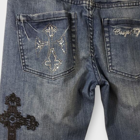 Cowgirl Tuff Jeans Black Cross Embroidered Rhinestone Bootcut Low-Rise Sz 27x31 - Picture 1 of 15